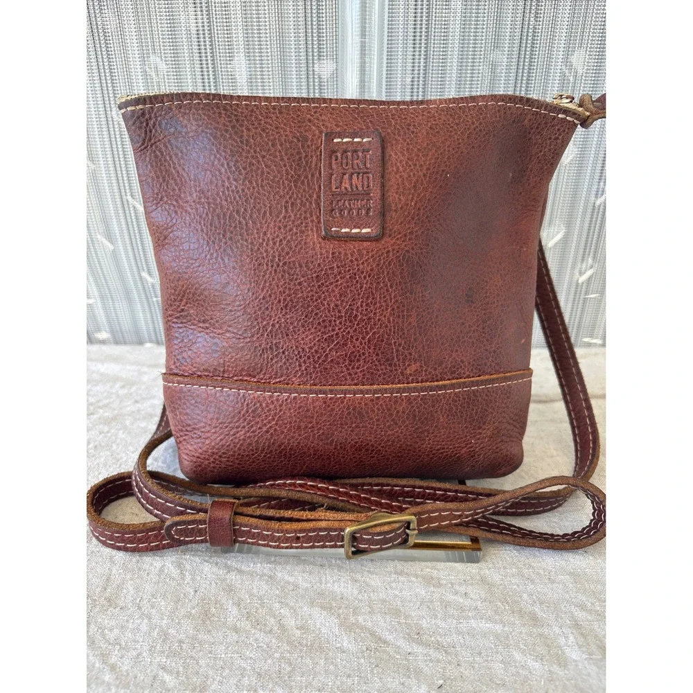 Portland Leather Goods Brown Leather Crossbody Bag Small Zip Top Cognac